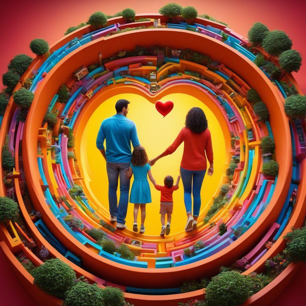 A loving family navigating through a colorful maze that symbolizes life's challenges, with joyful expressions and hands reaching out to each other, surrounded by symbols of parenting like toys, books, and hearts. The atmosphere should be warm and inviting, with soft lighting highlighting the family's connection and emotions. super-realistic. vibrant colors. warm background.