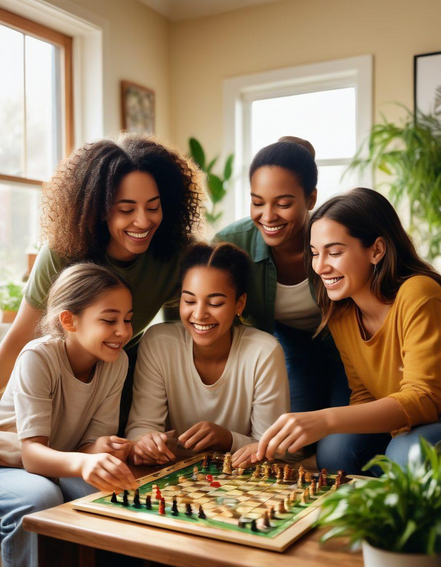 A cozy family gathering in a warm living room, depicting diverse family members engaged in joyful activities like cooking, playing games, and sharing stories. Soft sunlight filters through the window, casting a warm glow on their smiling faces, surrounded by family photos and plants symbolizing growth. The scene embodies love, communication, and support in a nurturing environment. super-realistic. vibrant colors. warm tones.