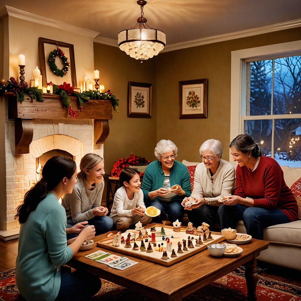 A warm family scene displaying diverse family members engaged in various fun activities like baking cookies, playing board games, and storytelling around a cozy fireplace. Bright colors capture the joy and laughter, with family bonding and traditions highlighted through cultural decorations. A backdrop of soft, glowing lights adds a magical touch. super-realistic. vibrant colors. warm ambiance.